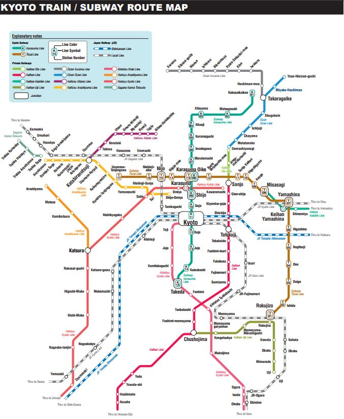 Kyoto train map - JR, Keihan, Hankyu, Kintetsu, and subway lines